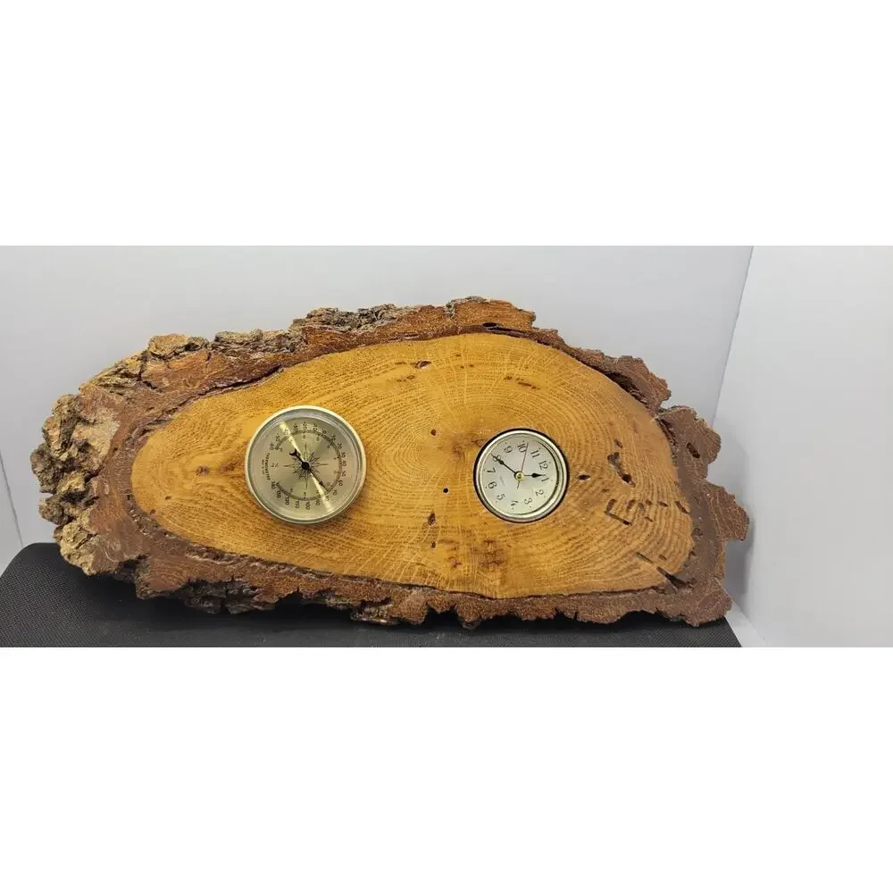 Rustic Wood Slab Wall Clock Thermometer Natural Log Cabin Decor AS IS Untested